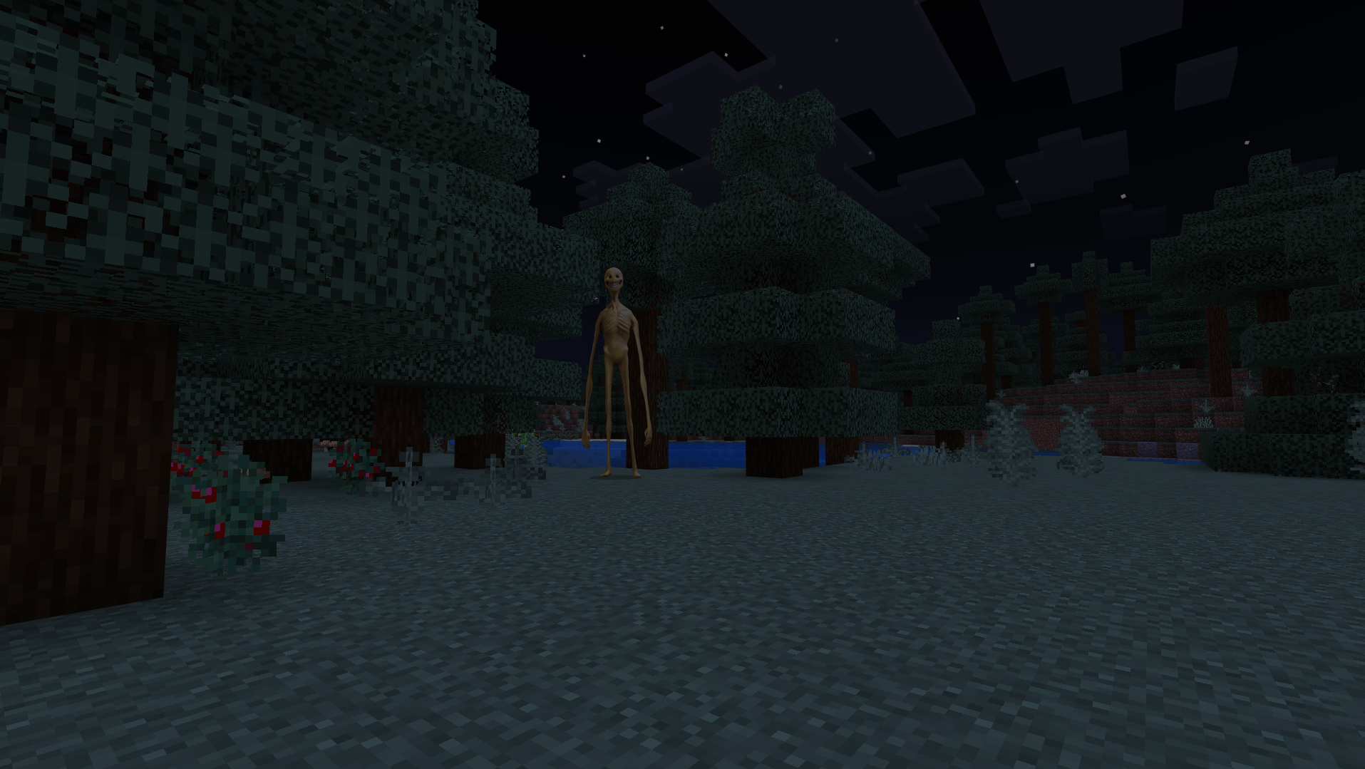 The tall Verity anomaly standing in a dark Minecraft forest.